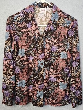 Graff Vintage Floral Button-Up Blouse in Brown with Pink & Blue Flowers